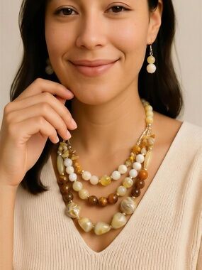 Multi-Strand Yellow & Brown Beaded Necklace and Earrings Set